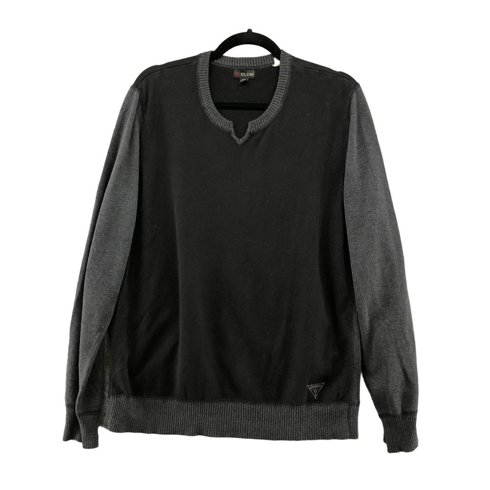 Guess Sweater Mens XL Cotton Black Gray Split Neck Knit Pullover Ribbed